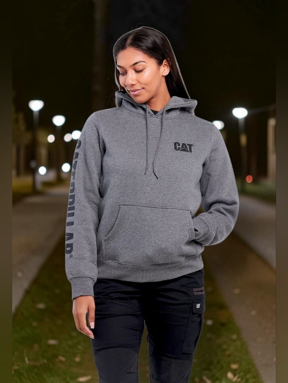 Women's Caterpillar Trademark Banner Hoodie in Dark Heather Grey Size Medium
